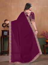 Wine majestic embroidered satin wedding saree