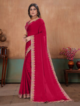 Rani pink royal embroidered satin designer saree