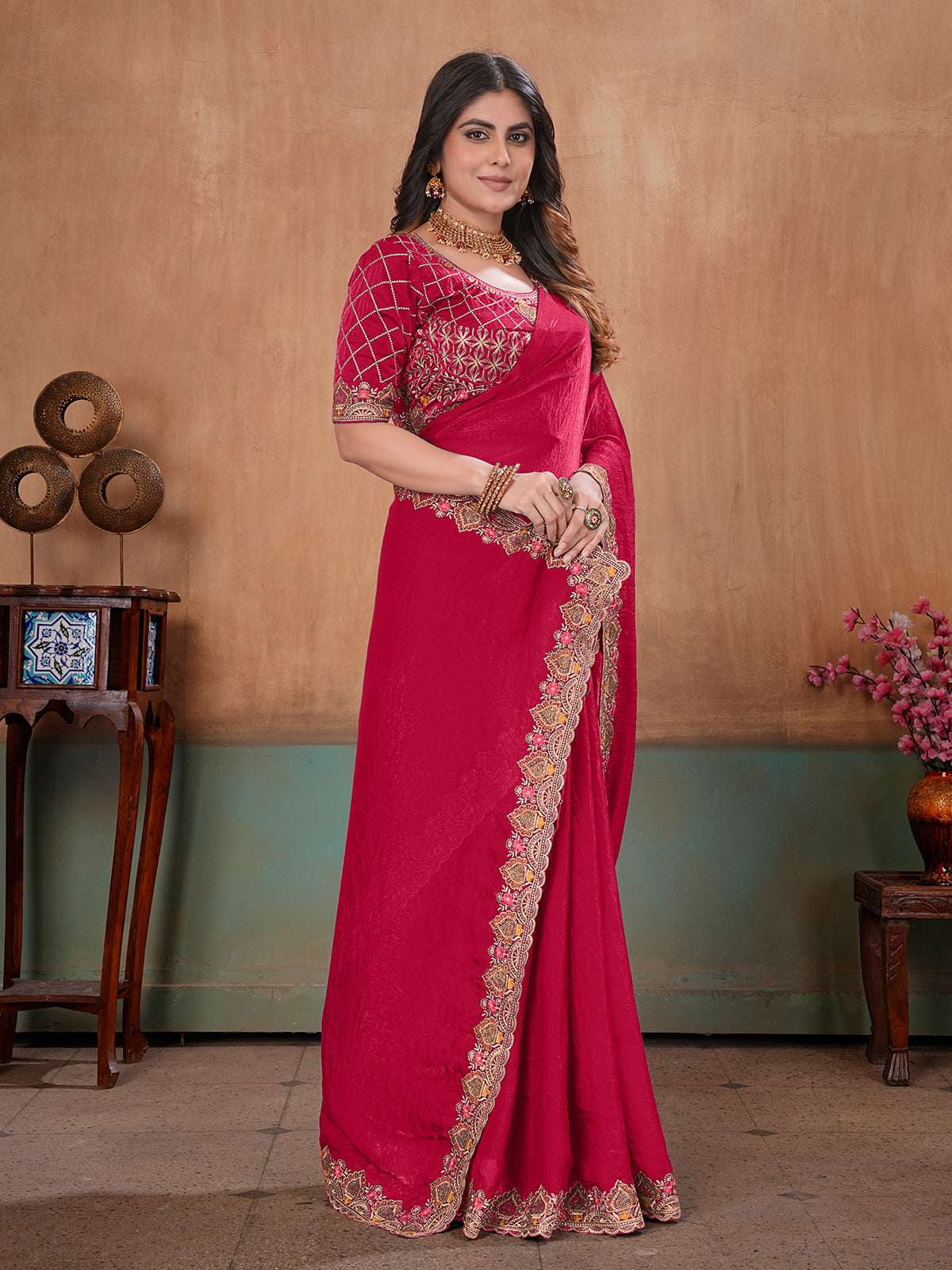 Rani pink royal embroidered satin designer saree
