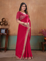 Rani pink royal embroidered satin designer saree