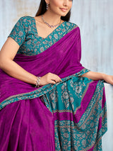 Purple floral printed contrast border and pallu elegant saree