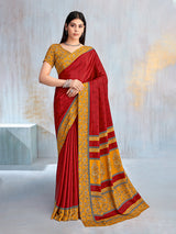 Red floral printed contrast border and pallu casual saree