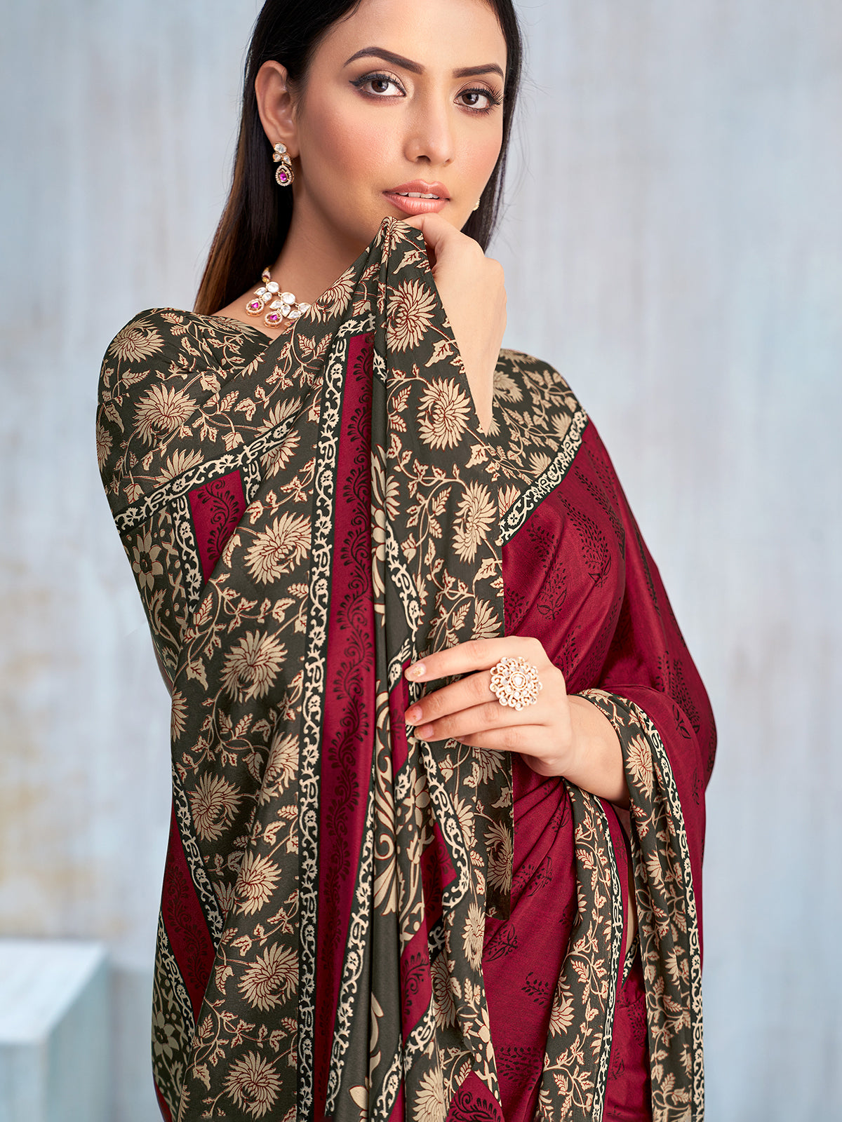 Maroon floral printed contrast border and pallu casual saree