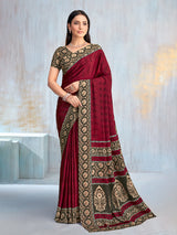 Maroon floral printed contrast border and pallu casual saree