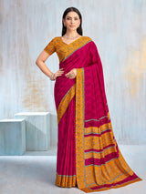Rani pink floral printed contrast border and pallu saree