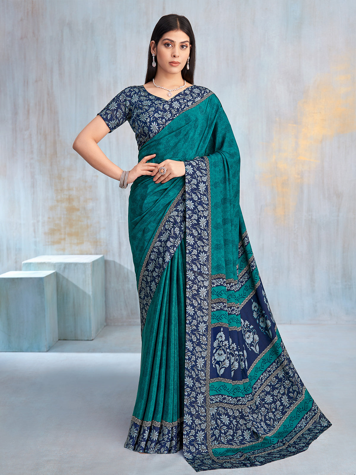 Rama green printed contrast border and pallu saree