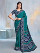 Rama green printed contrast border and pallu saree
