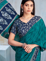 Rama green printed contrast border and pallu saree
