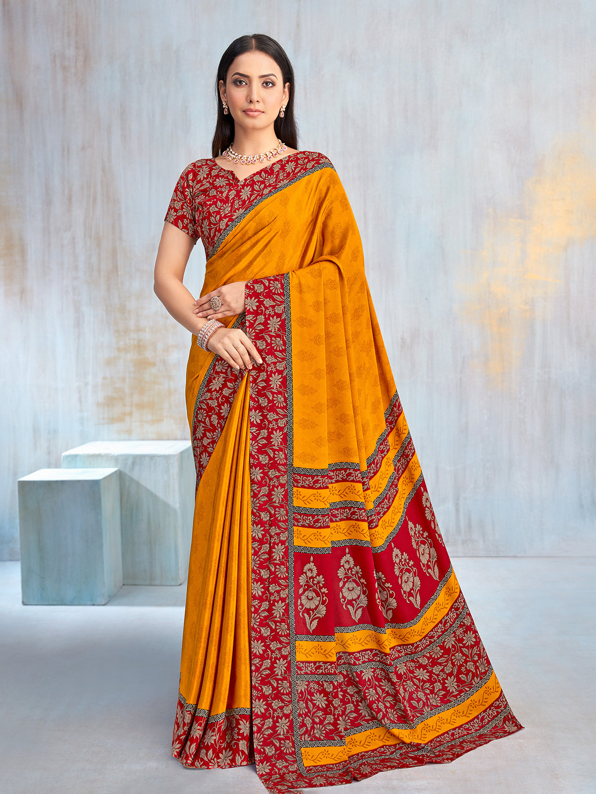 Mustard yellow printed contrast border and pallu saree