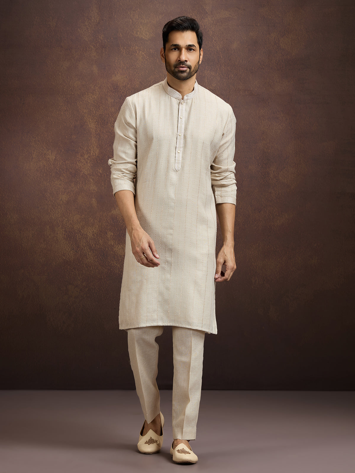 Beige premium embroidered linen kurta pajama set