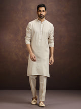 Beige premium embroidered linen kurta pajama set
