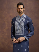 Blue festive printed linen kurta pajama outfit