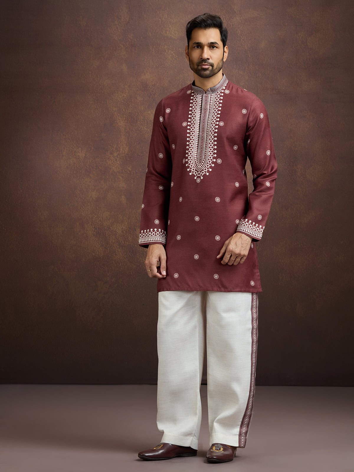 Maroon elegant printed linen kurta pajama