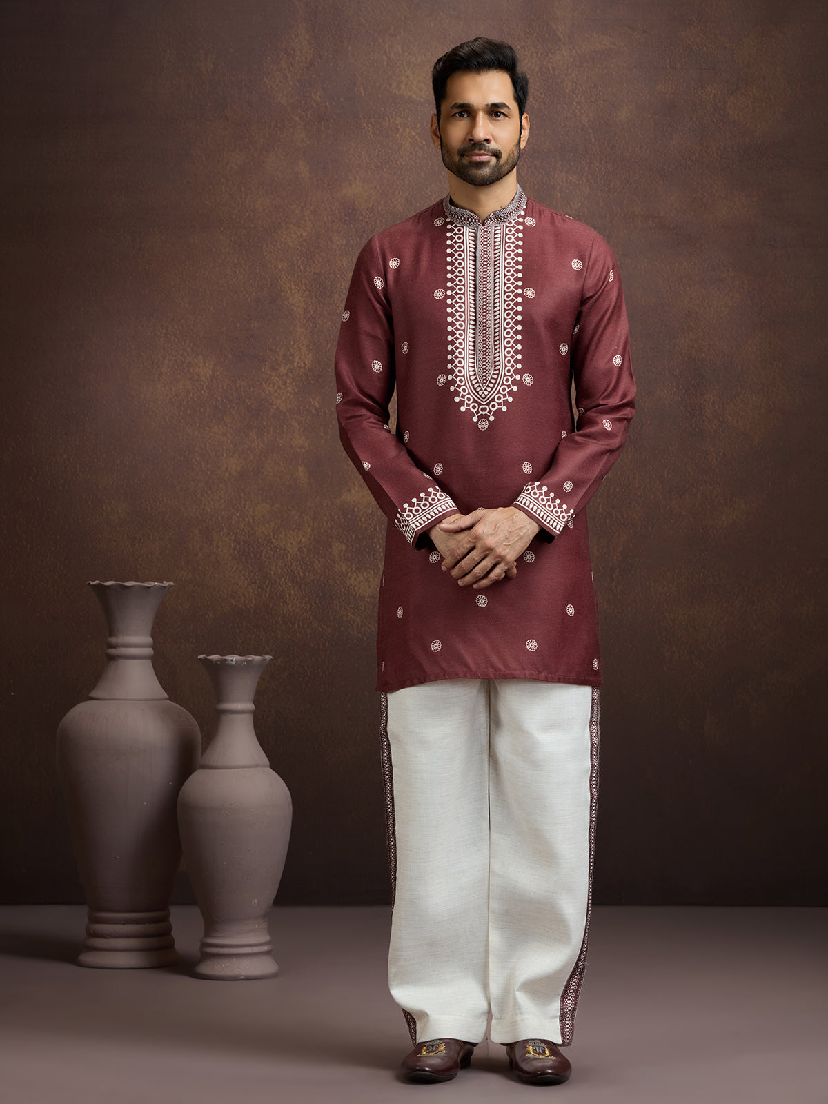 Maroon elegant printed linen kurta pajama