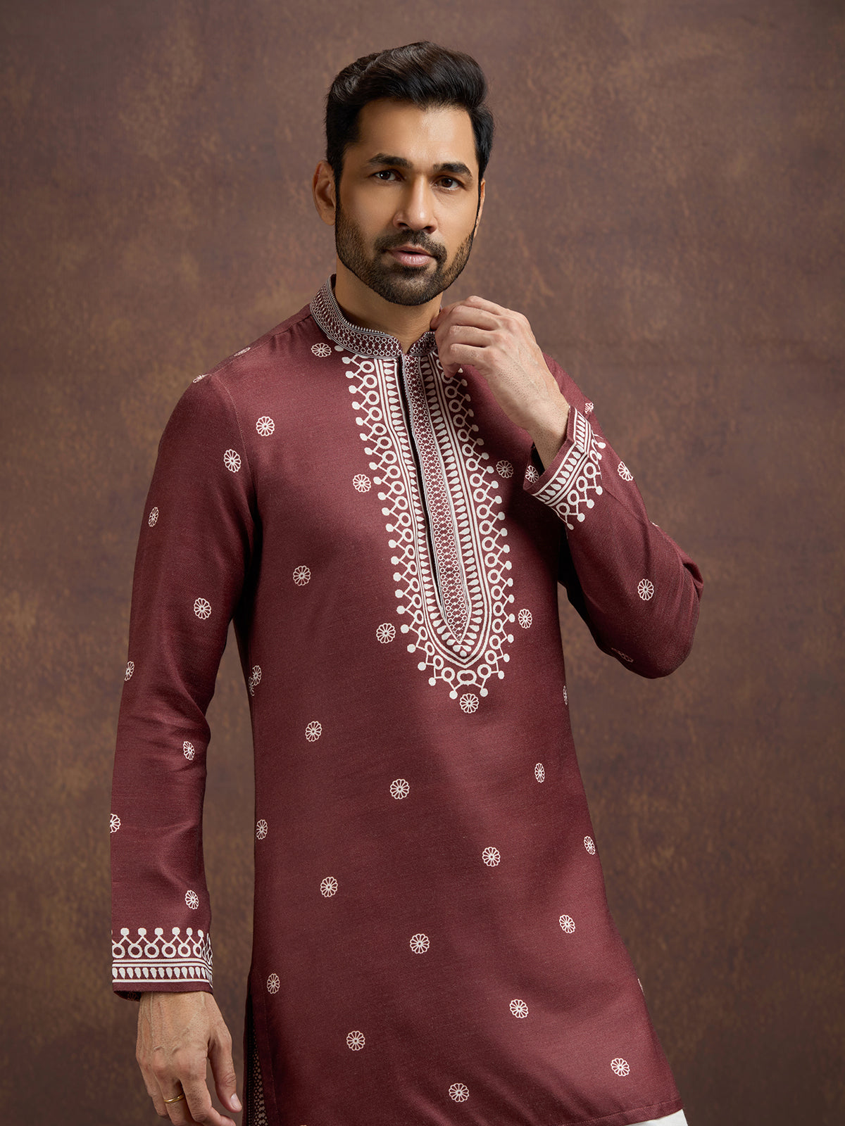 Maroon elegant printed linen kurta pajama
