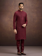 Maroon royal embroidered linen kurta suit ensemble
