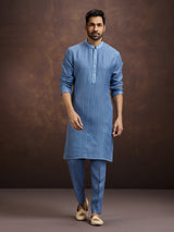 Stone blue designer embroidered linen kurta suit