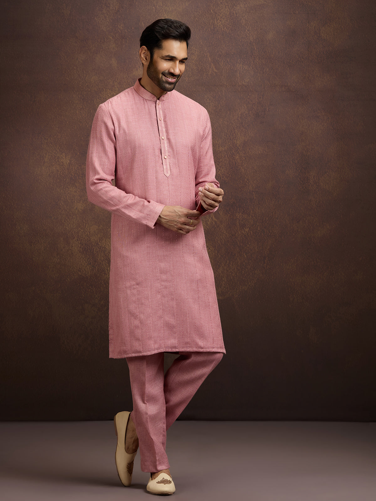 Pink festive embroidered linen kurta pajama collection