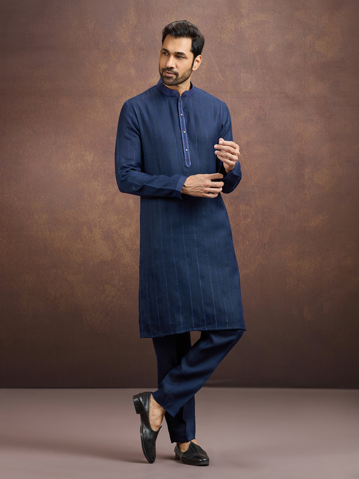 Navy blue classic embroidered linen kurta suit