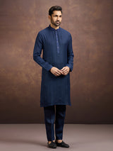 Navy blue classic embroidered linen kurta suit