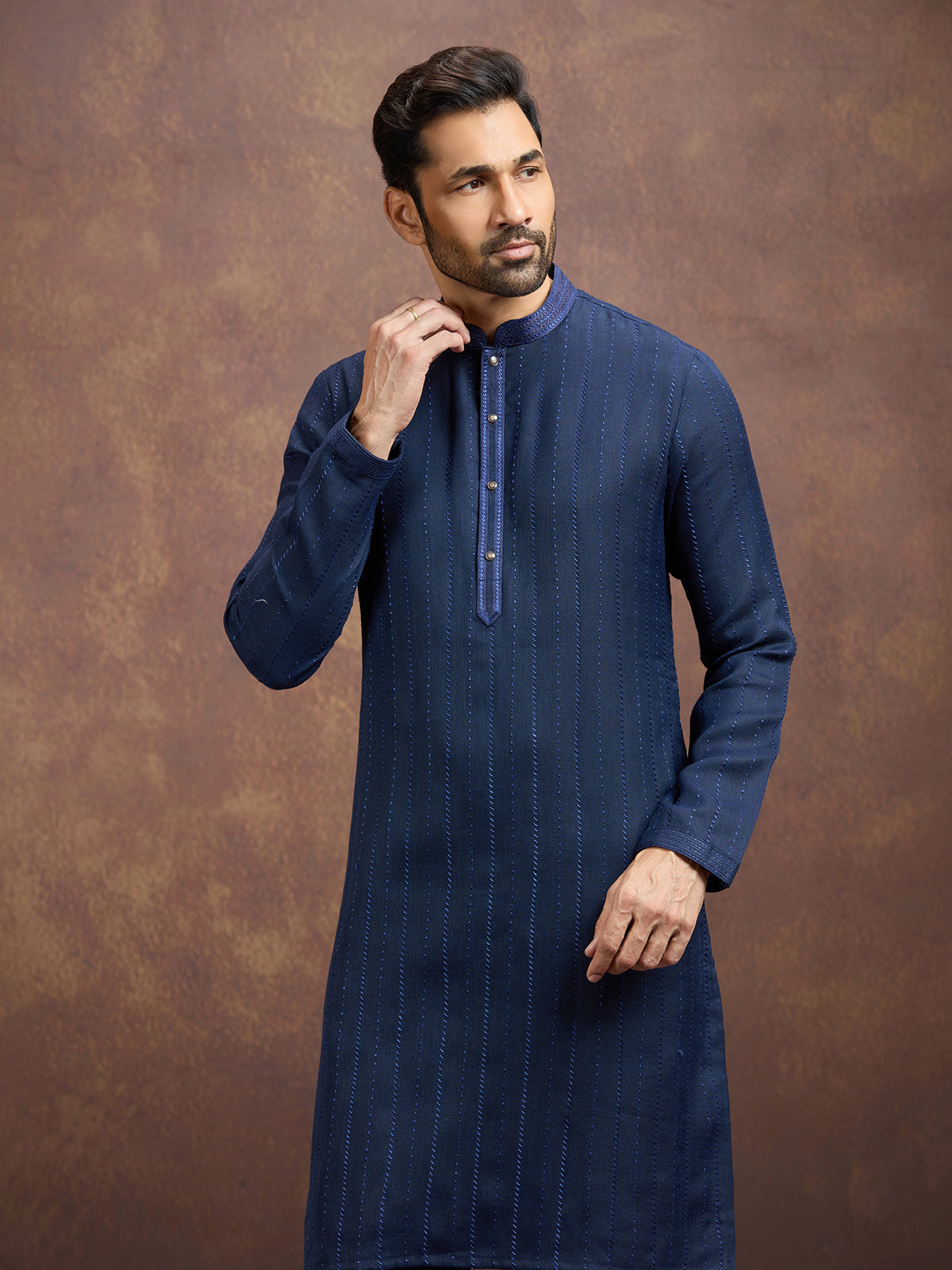 Navy blue classic embroidered linen kurta suit