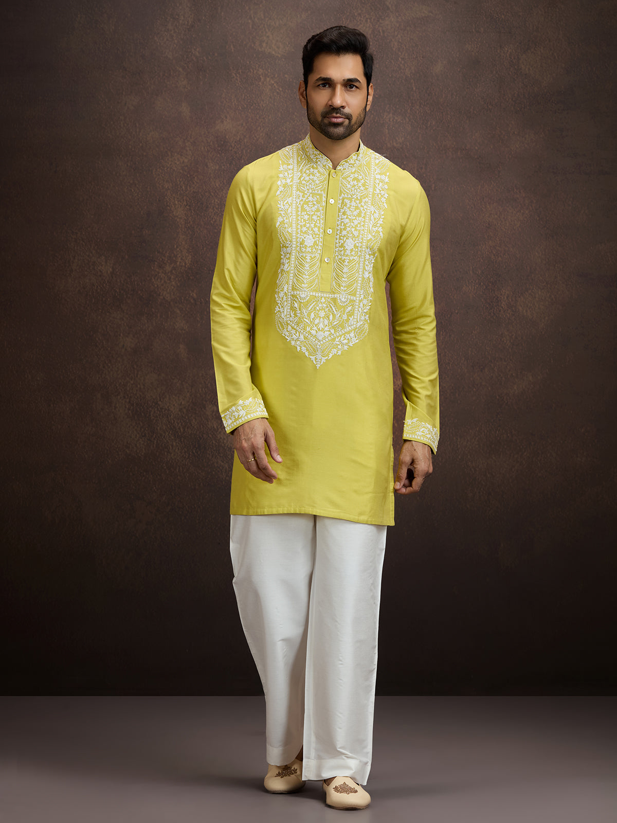 Mustard yellow lucknowi chikankari silk kurta pajama for men