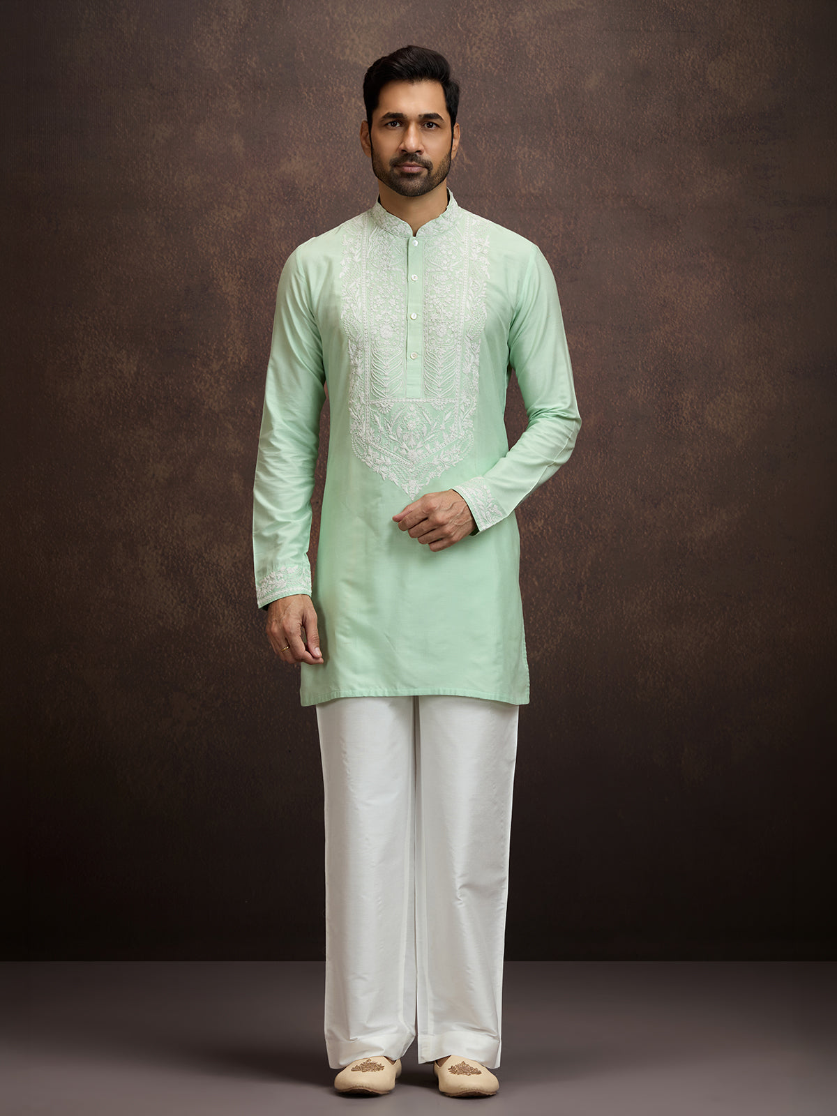 Pista green lucknowi chikankari silk kurta pajama for men