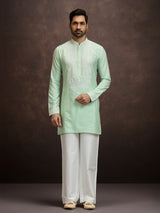 Pista green lucknowi chikankari silk kurta pajama for men