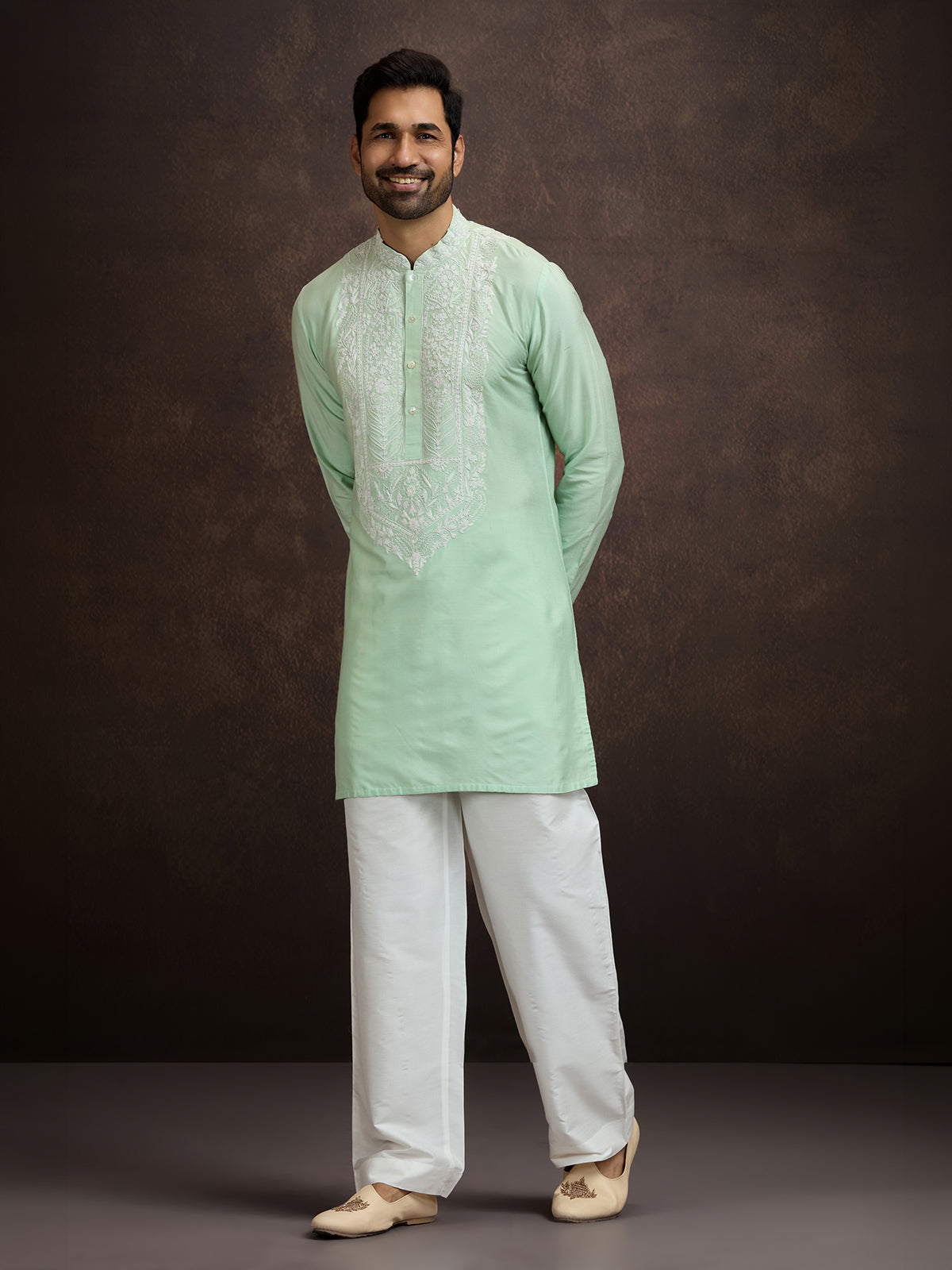Pista green lucknowi chikankari silk kurta pajama for men