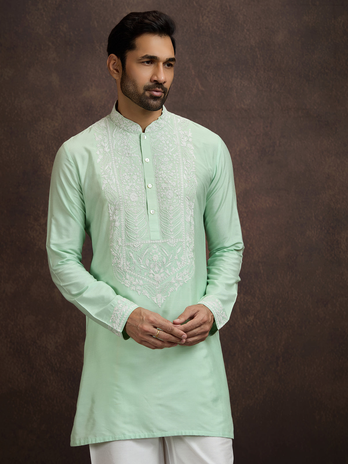 Pista green lucknowi chikankari silk kurta pajama for men