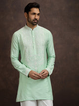 Pista green lucknowi chikankari silk kurta pajama for men