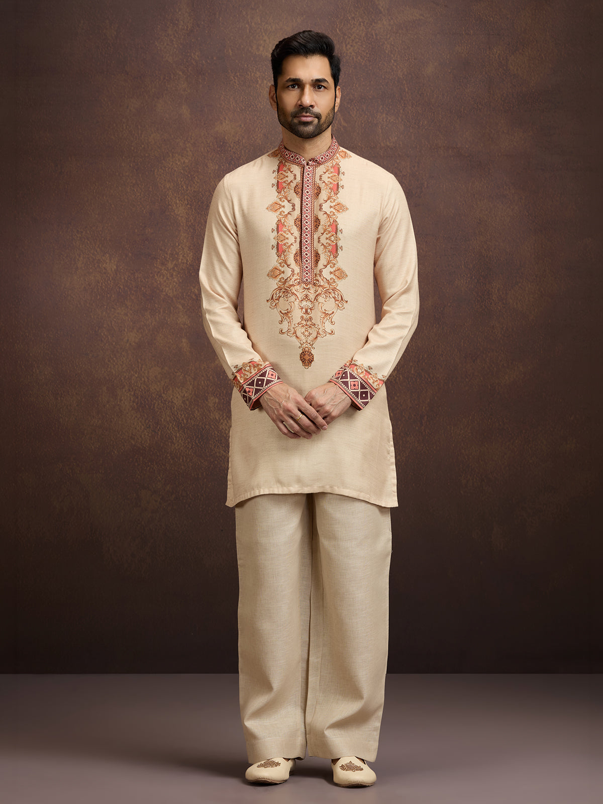 Beige printed linen kurta pajama outfit for men