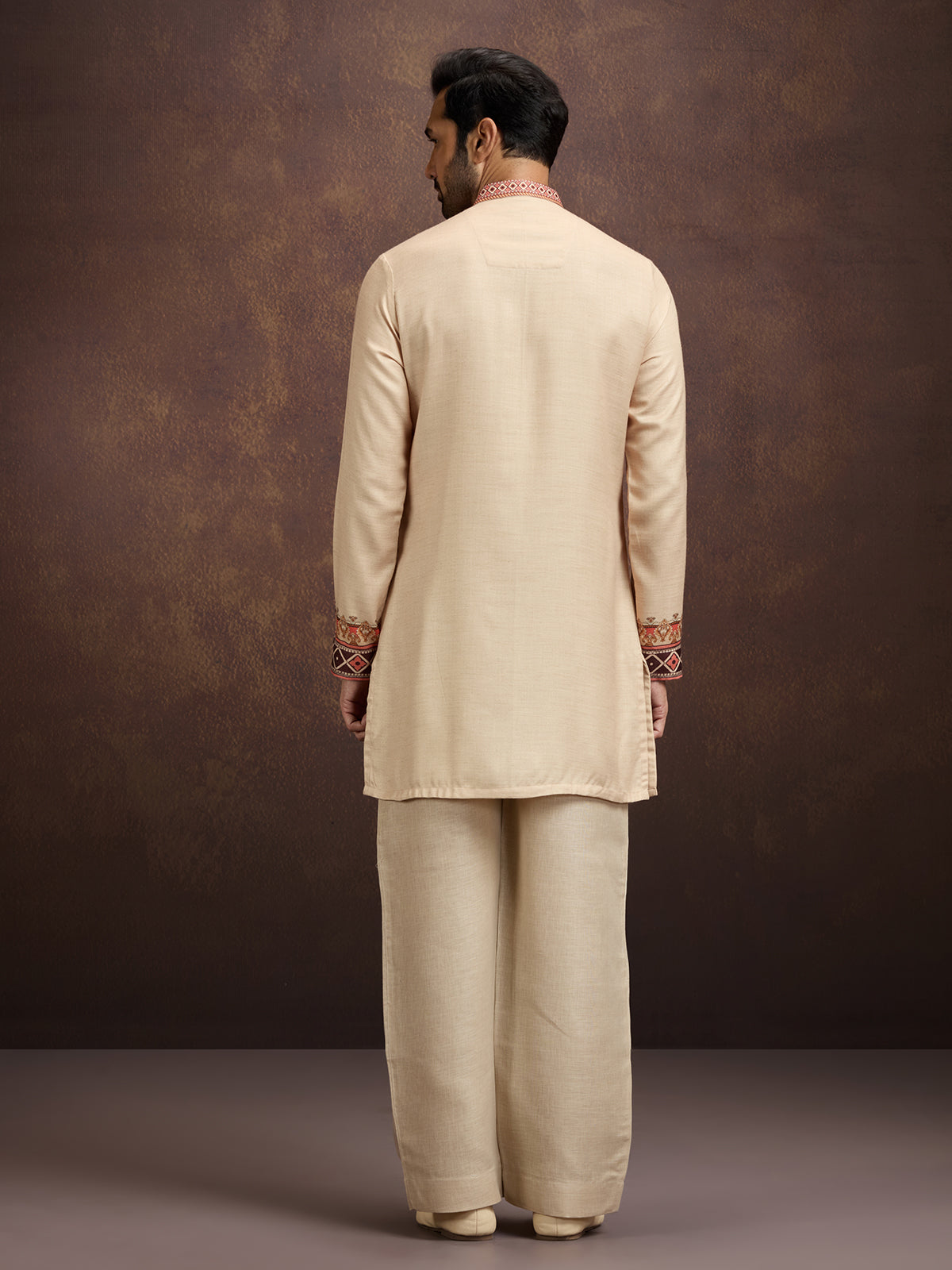Beige printed linen kurta pajama outfit for men