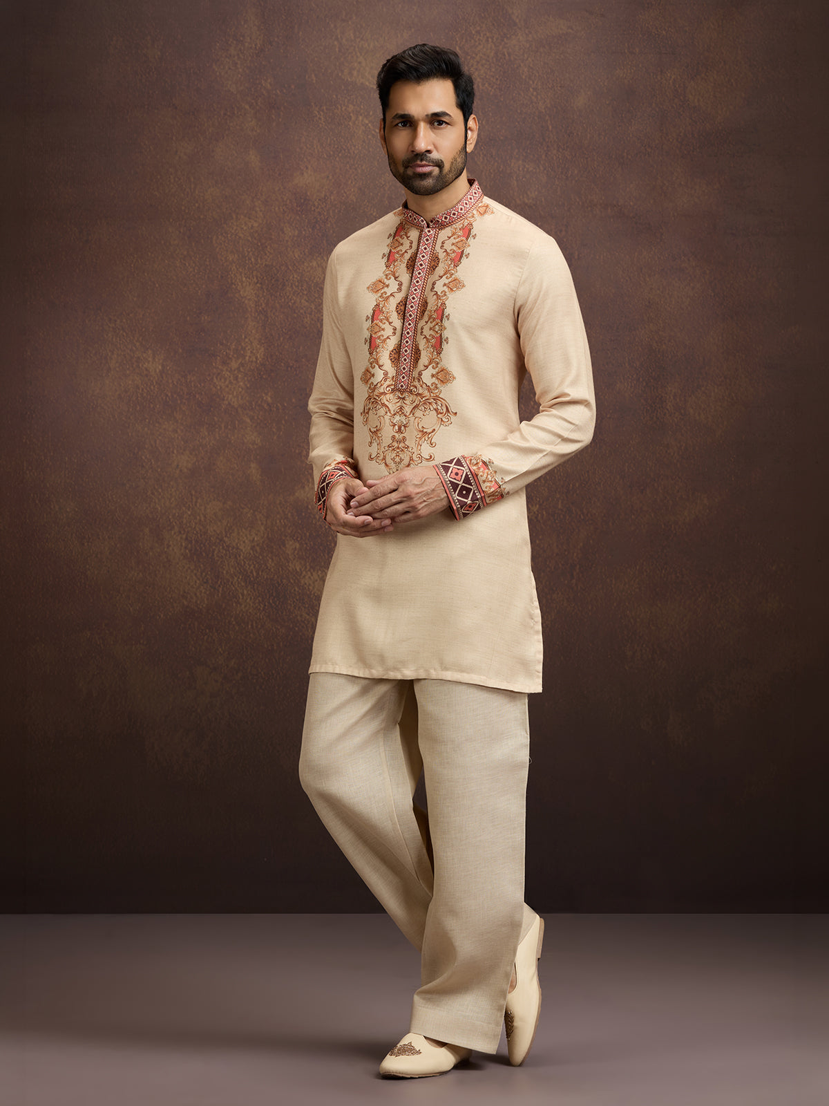 Beige printed linen kurta pajama outfit for men