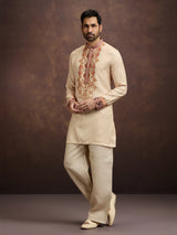 Beige printed linen kurta pajama outfit for men