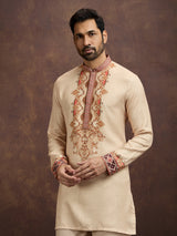 Beige printed linen kurta pajama outfit for men