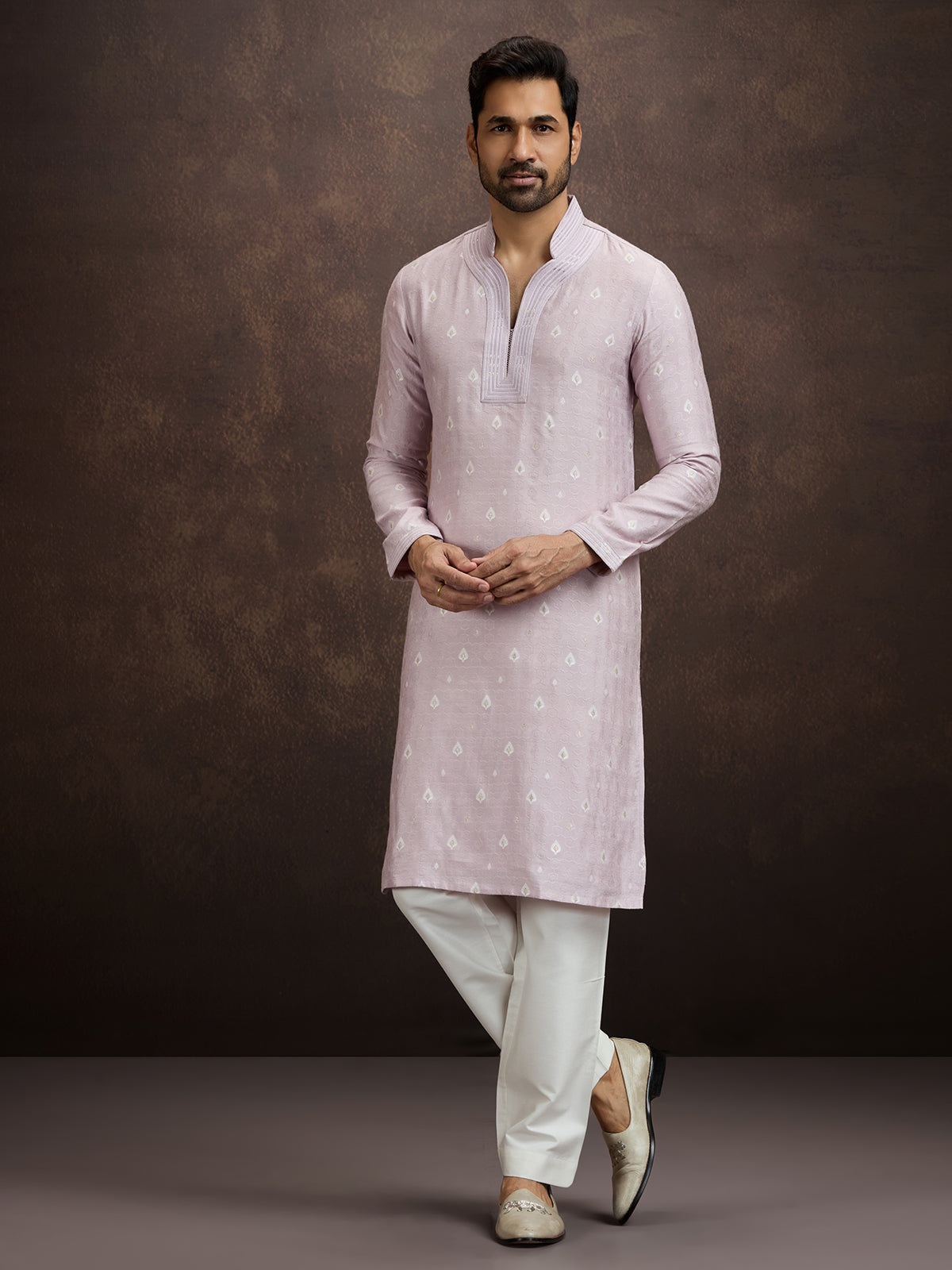 Purple embroidered banarasi silk kurta pajama for men