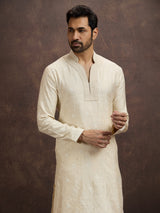 Cream embroidered banarasi silk kurta pajama for men
