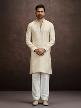 Cream embroidered banarasi silk kurta pajama for men