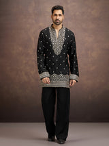 Black floral zari embroidered silk kurta pajama for men