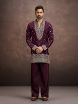 Deep wine floral zari embroidered silk kurta pajama for men