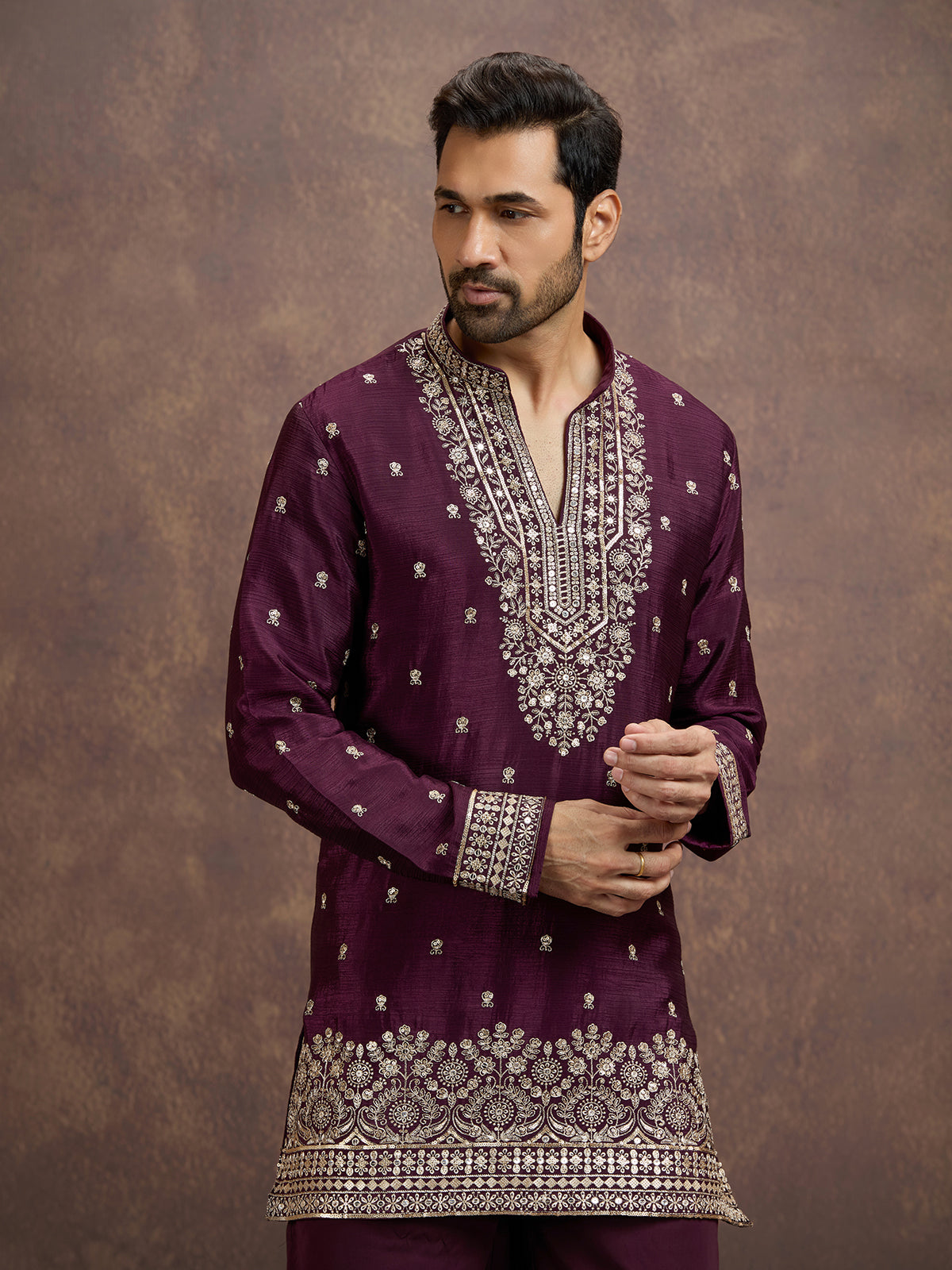 Deep wine floral zari embroidered silk kurta pajama for men