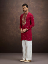 Maroon sequined zari embroidered silk kurta pajama for men
