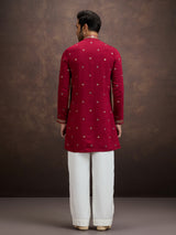Maroon sequined zari embroidered silk kurta pajama for men