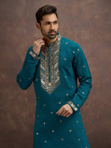 Blue sequined zari embroidered silk kurta pajama for men