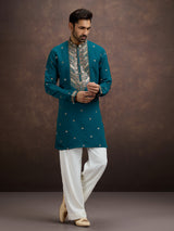 Blue sequined zari embroidered silk kurta pajama for men