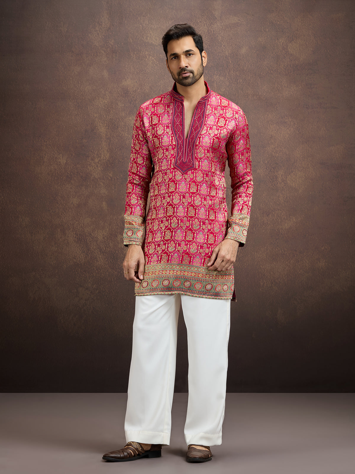 Hot pink geometric embroidered silk kurta pajama for men