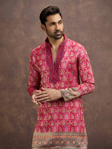 Hot pink geometric embroidered silk kurta pajama for men