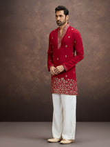 Red zari embroidered silk kurta pajama for men