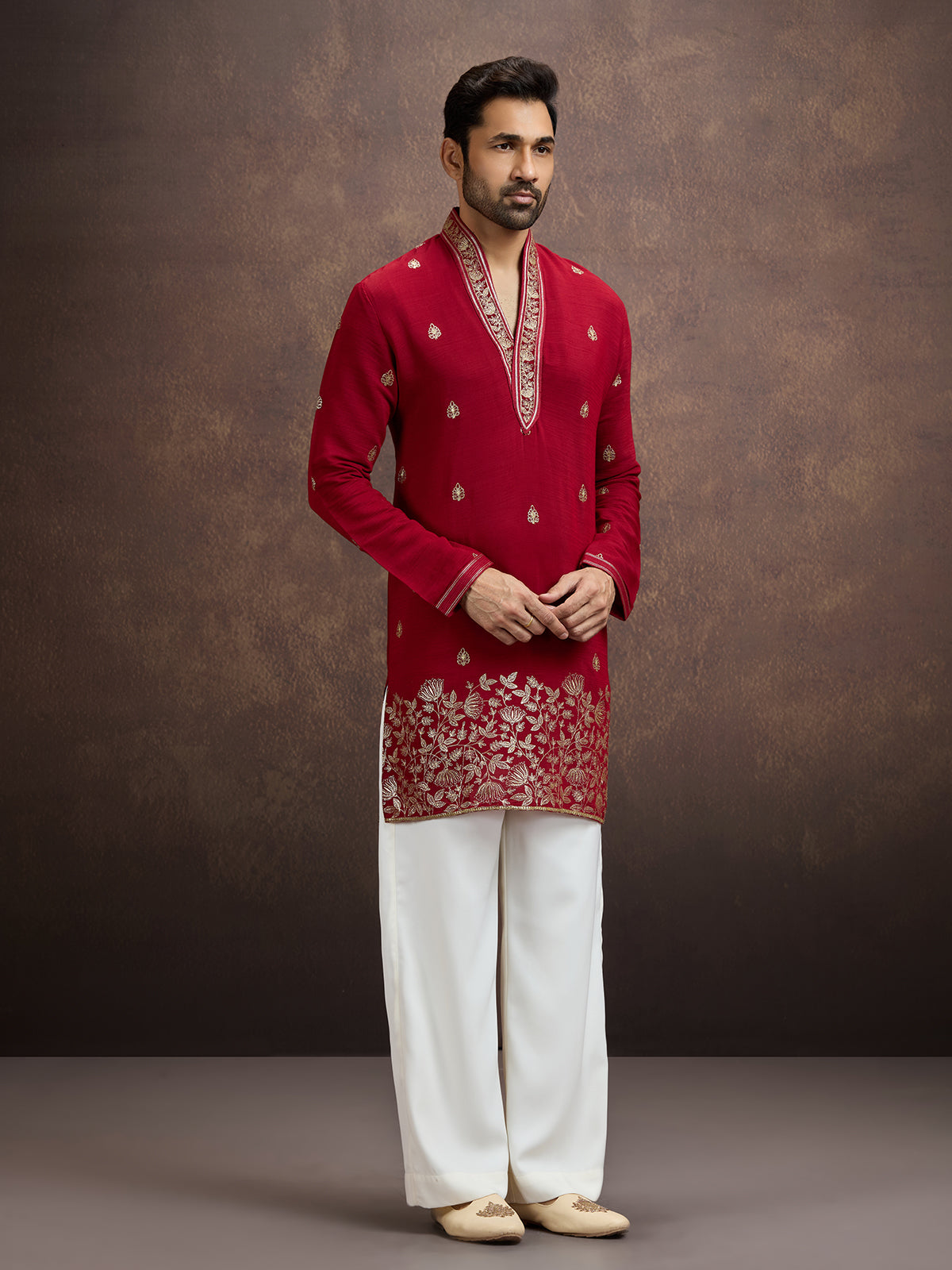 Red zari embroidered silk kurta pajama for men